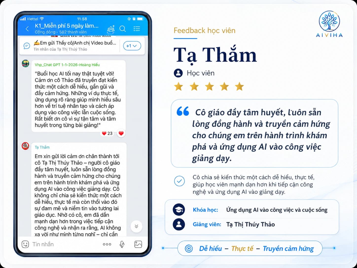 Ảnh chụp tin nhắn Zalo phản hồi thật của học viên AIVIHA — cảm nhận số 5 trong 12