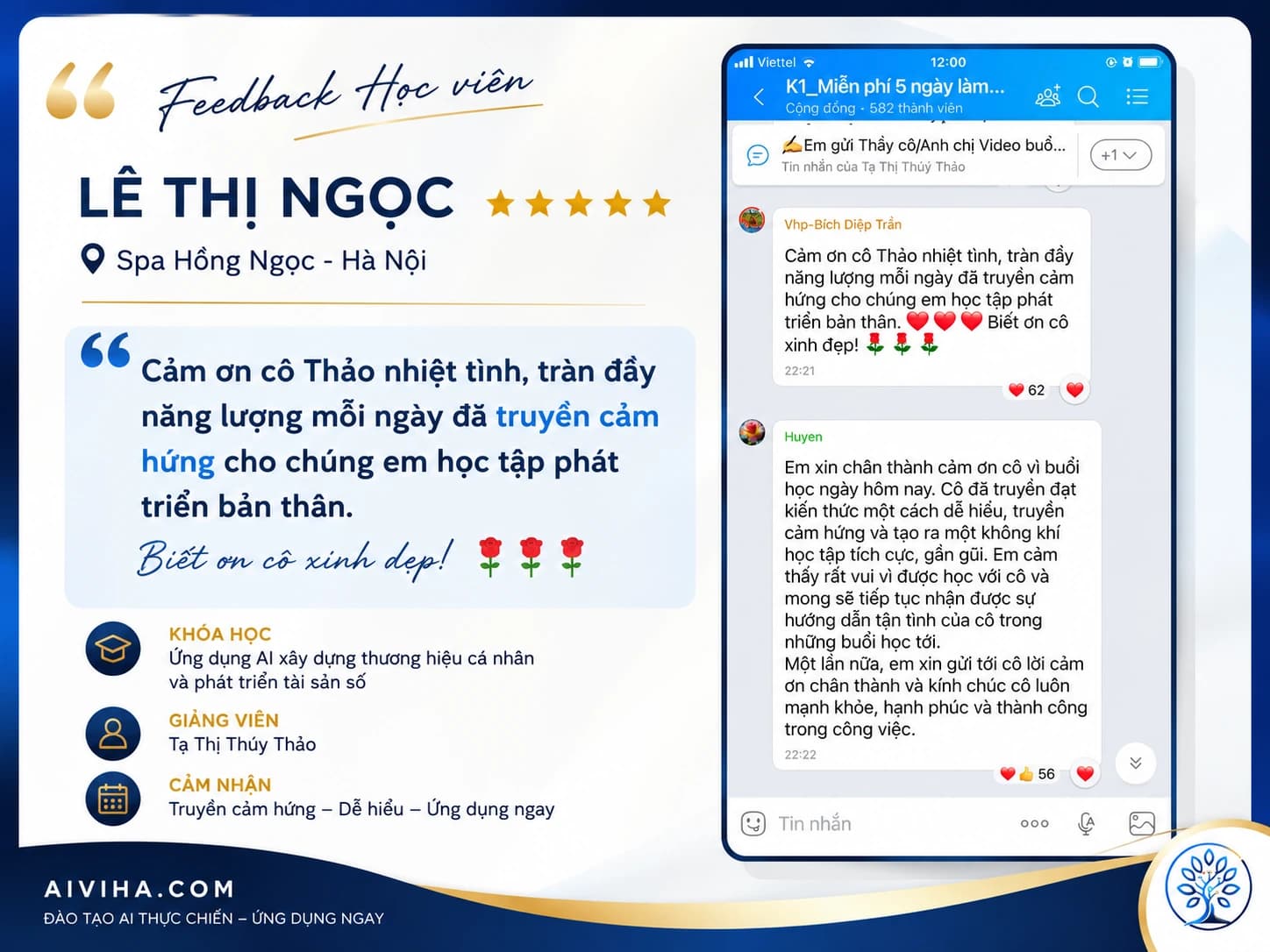 Ảnh chụp tin nhắn Zalo phản hồi thật của học viên AIVIHA — cảm nhận số 6 trong 12