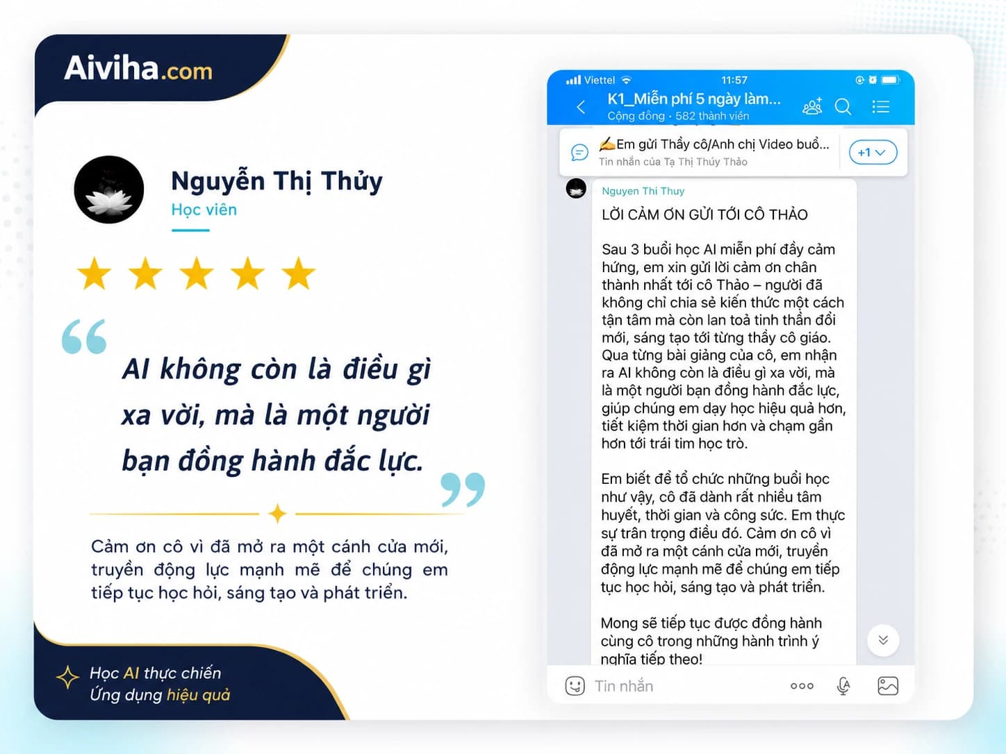 Ảnh chụp tin nhắn Zalo phản hồi thật của học viên AIVIHA — cảm nhận số 7 trong 12