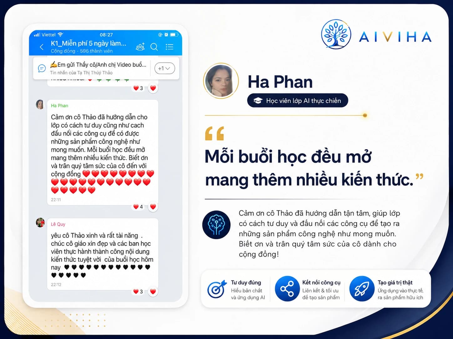 Ảnh chụp tin nhắn Zalo phản hồi thật của học viên AIVIHA — cảm nhận số 8 trong 12